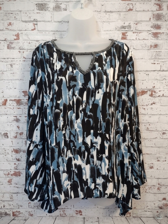 Juicy Couture Tops - Juicy Couture Blue Abstract Print Rhinestone Keyhole Bell Sleeve Blouse Large